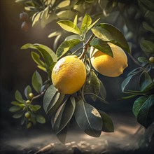 Two Lemons are hanging on a tree in the garden with sunlight from behind