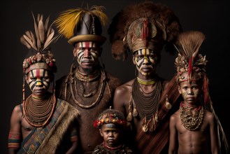 Family portrait of Huli Wigmen tribe from Papua New Guinea. Ai generated art