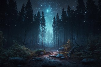 Realistic forest at night with a milky way arch