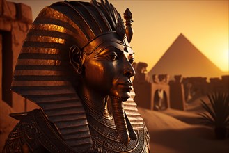 Tutankhamun at sunset with the pyramids of Giza in the background in Egypt. Ai generated