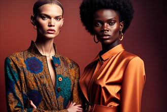 Two glamorous and fashion models in fashionable clothes. Caucasian model and the African model. Ai generated