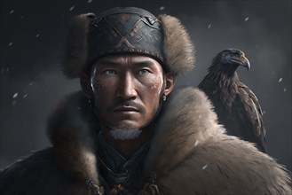 Portrait of Kazakh golden eagle Hunter tribe on snowy mountain. Ai generated art