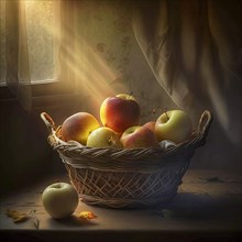 Apples are in a basket in a rustic environment Sunlight and light fog