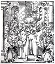 Martin Luther and Jan Huss administering the communion to John Fredric I of Saxony