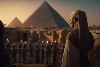 Cleopatras speech to the crowd at sunset with the pyramids of Giza in the background in Egypt. Ai generated