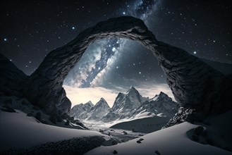 Photography of realistic snowy mountains at night with an arch of the milky way. Ai generated art