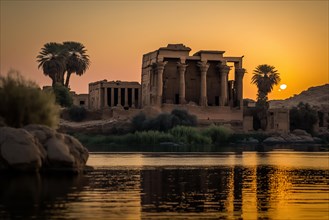 Sunset at the temples of Aswan in Egypt. Ai generated art