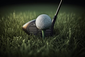 Photography of a golf club and a golf ball on the grass of a golf course. Ai generated art