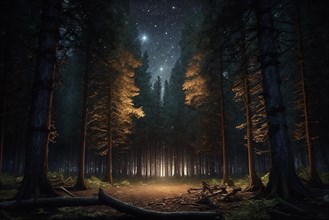 Realistic forest at night with a milky way arch. Ai generated art