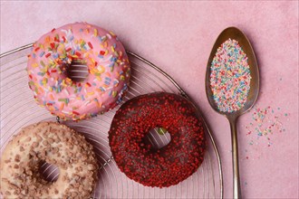 Assorted donuts with icing and spoon with sugar sprinkles