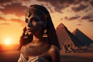 Cleopatra in a sunset with the pyramids of Giza in the background in Egypt. Ai generated