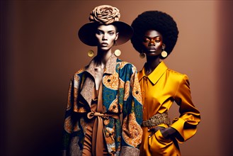 Two glamorous and fashion models in fashionable clothes. Caucasian model and the African model. Ai generated