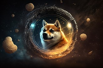 Dogecoin digital currency in space. Ai generated art