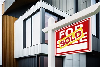 Sold real estate sign in front of new contemporary house