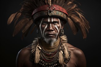 Portrait of Huli Wigmen tribesman from Papua New Guinea. Ai generated art