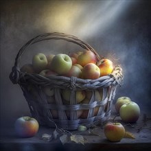 Apples are in a basket in a rustic environment Sunlight and light fog