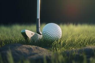 Golf club and a golf ball on the freshly cut grass of a golf