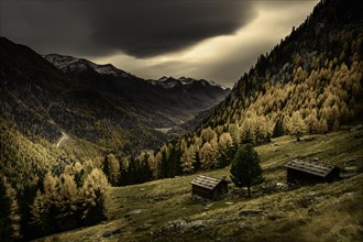 Mountain hut on mountain meadow with autumnal mountain forest and threatening cloudy sky