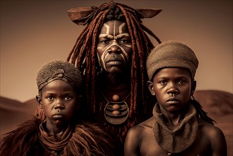 Family portrait of Himba herders tribe in Namibia. Ai generated art