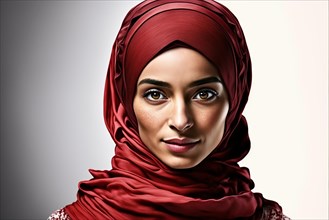Arab woman with red hijab on white background. Ai generated