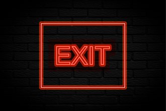 Exit. 3d lettering. Neon lights on black brick background