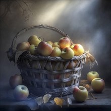 Apples are in a basket in a rustic environment Sunlight and light fog