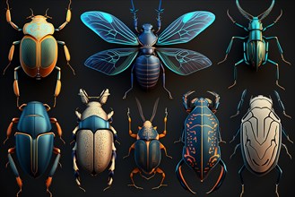 Collection of hand drawn bugs or beetles. Ai generated art