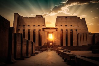 Sunset at the temples of edfu in Egypt. Ai generated art