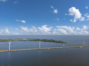 Aerial view with wind farm at Krabbersgat lock and view of the Markermeer