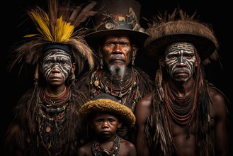 Family portrait of Huli Wigmen tribe from Papua New Guinea. Ai generated art