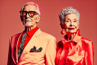 Glamorous elderly couple in fashion clothes on plain color background in photography studio. Ai generated