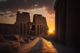 Sunset at the temples of edfu in Egypt. Ai generated art