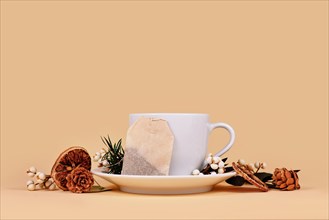 Tea cup surrounded by seasonal forest decoration on beige background with copy space