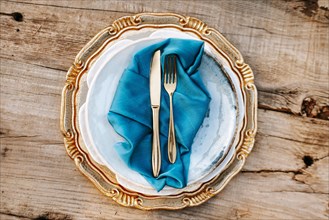 Golden and blue elegant table set on wooden background
