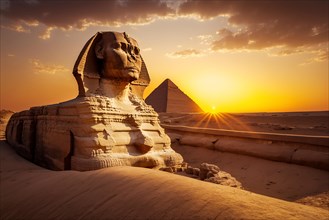 Sunset at the pyramids of Giza in Egypt with the Sphinx. Ai generated art