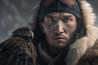 Portrait of Kazakh golden eagle Hunter tribe on snowy mountain. Ai generated art