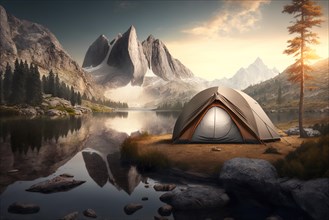 Tent and in the background a mountain and a river