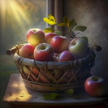 Apples are in a basket in a rustic environment Sunlight and light fog