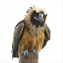 Portrait of an bearded vulture who sits on a pole