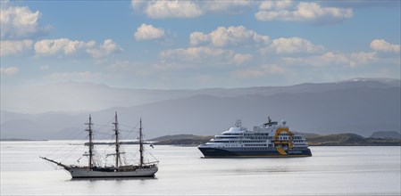Sailing Ship with Cruise Ship Travel Ships Old and New Contrast Port Usuaia Argentina