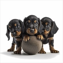 Portrait Dachshund puppys playing with a ball in front of a white background
