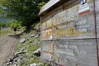 Information board on the hiking trail to Qafa e Valbones