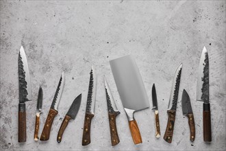 Different kinds of butchers knives forged by blacksmith
