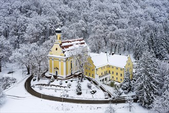 Ave Maria pilgrimage church and Capuchin monastery with snow