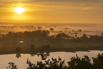 View from the Kniepenberg lookout tower of sunrise and morning fog in the Lower Saxony Elbe floodplain near Neu Darchau