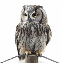 Portrait of an owl who sits on a pole