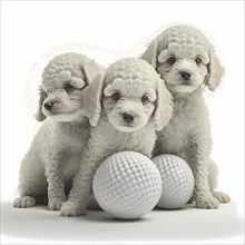 Portrait Puddel puppys playing with a ball in front of a white background