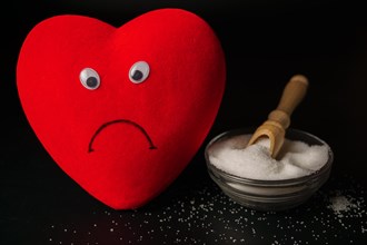 Sad heart with a cup of sugar unhealthy sugars concept
