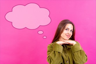 Thinking woman with many ideas with empty bubble on pink background