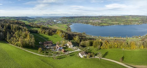 View from the Thurgau lake ridge slope to the farm settlement of Klingenzell with the Marian pilgrimage chapel of Our Lady of Sorrows
